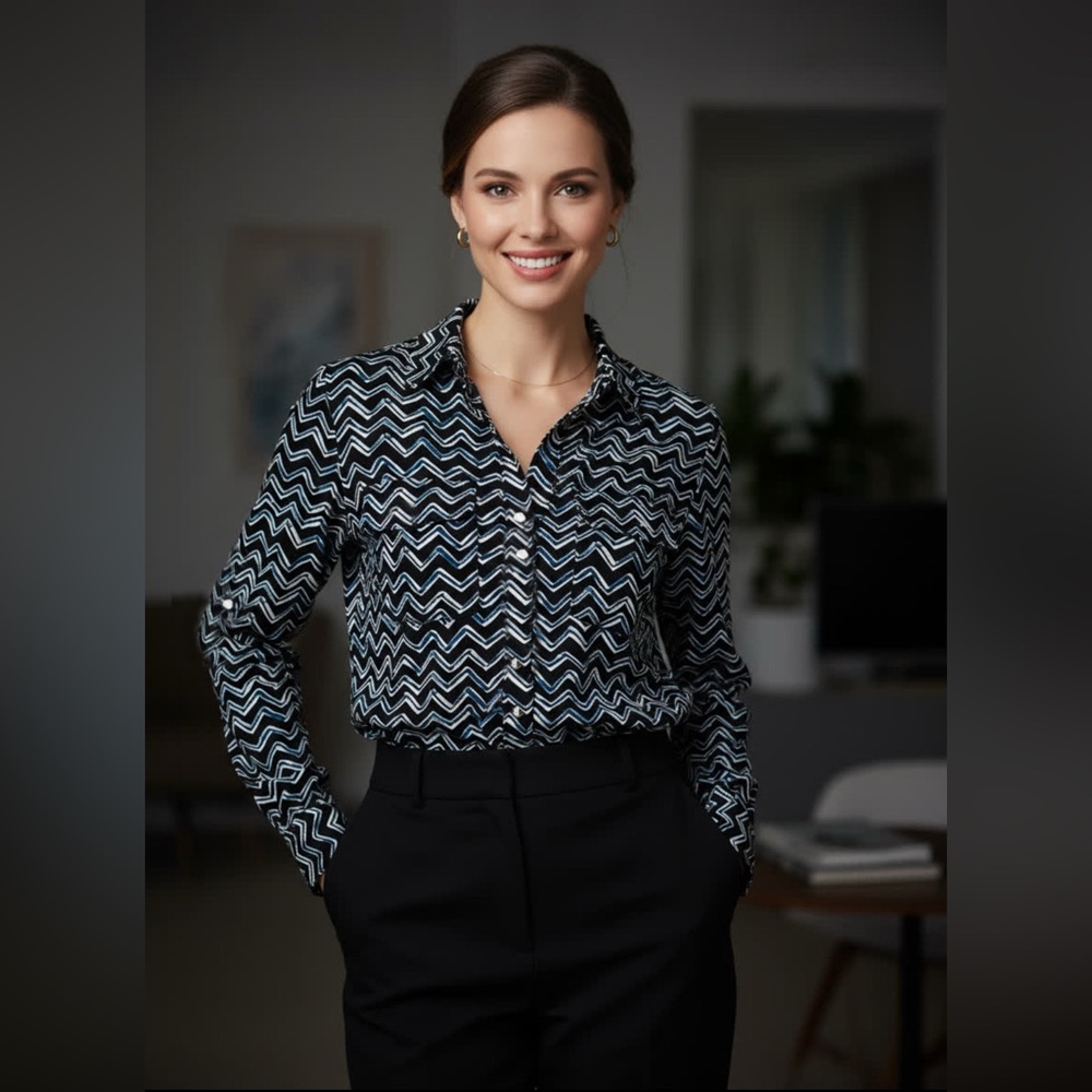 Ivanka Trump Women's Blouse Zigzag Long Sleeve Button Up Blue Black White Size